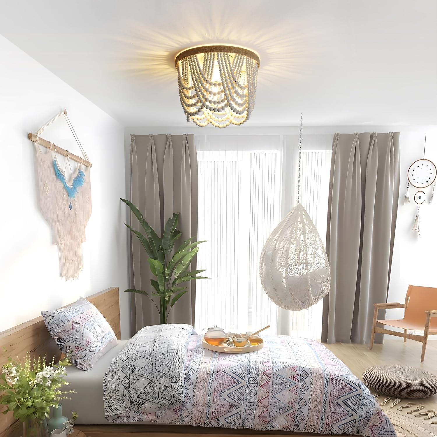 Three Light White Wood Bead Bohemian Chandelier Handmade