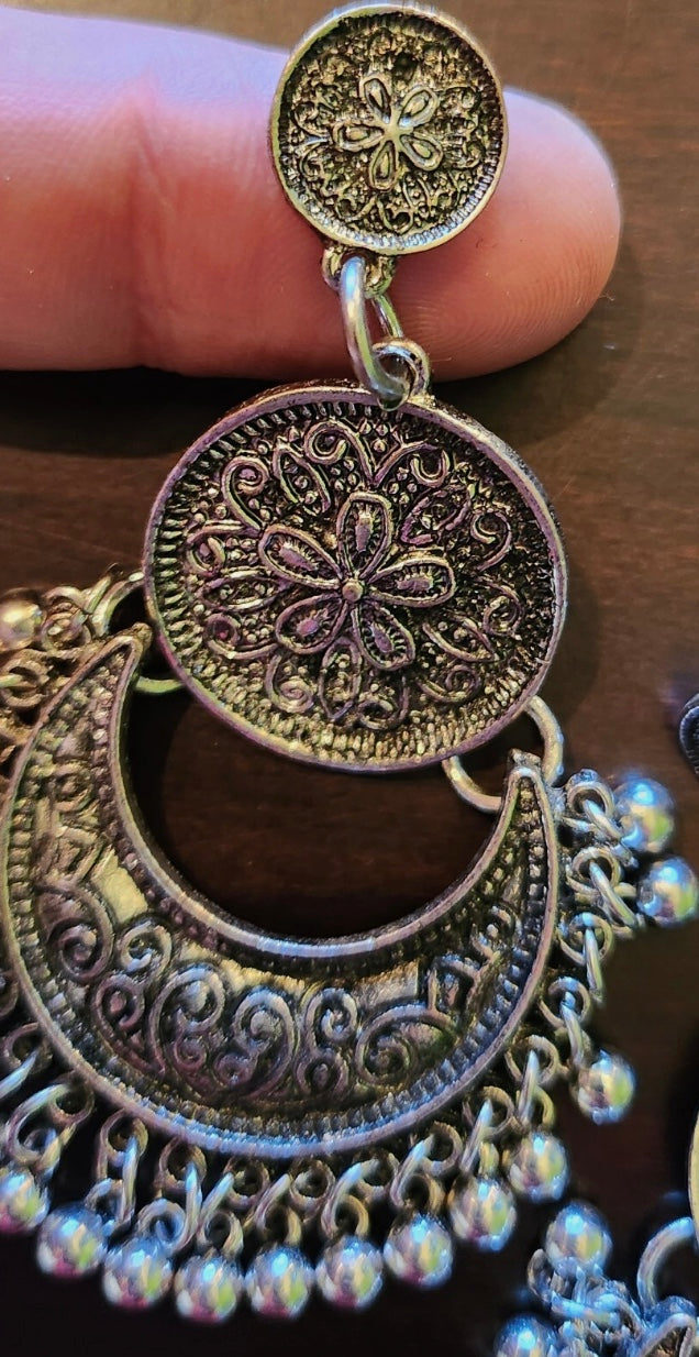 Silver Tone Bohemian Ornate Loop Earrings