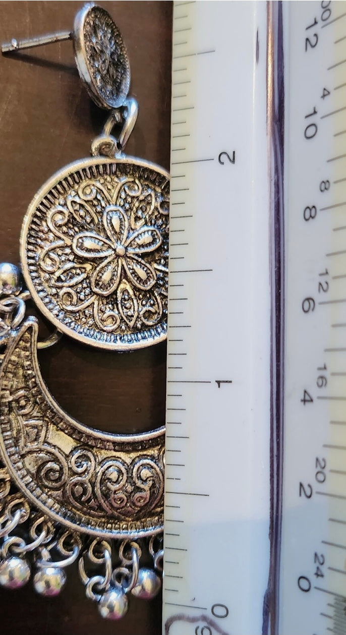 Silver Tone Bohemian Ornate Loop Earrings