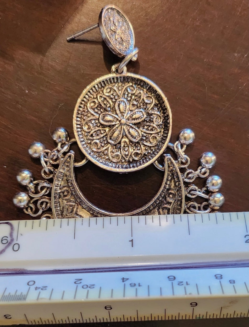Silver Tone Bohemian Ornate Loop Earrings