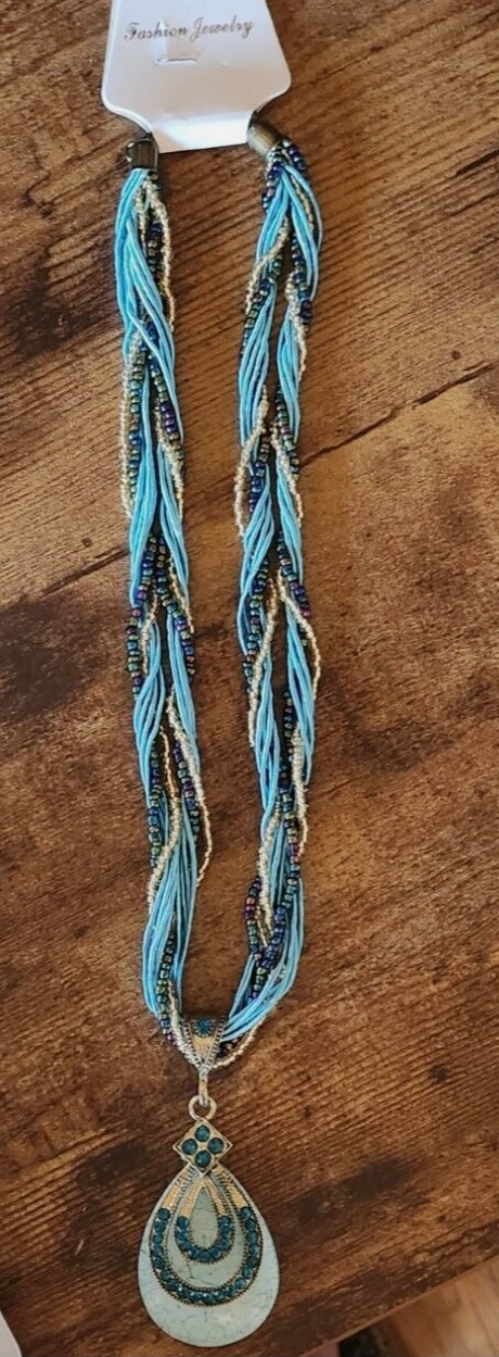 Bohemian Aqua Colored Stone Tear Drop Beaded Necklace