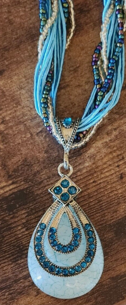 Bohemian Aqua Colored Stone Tear Drop Beaded Necklace