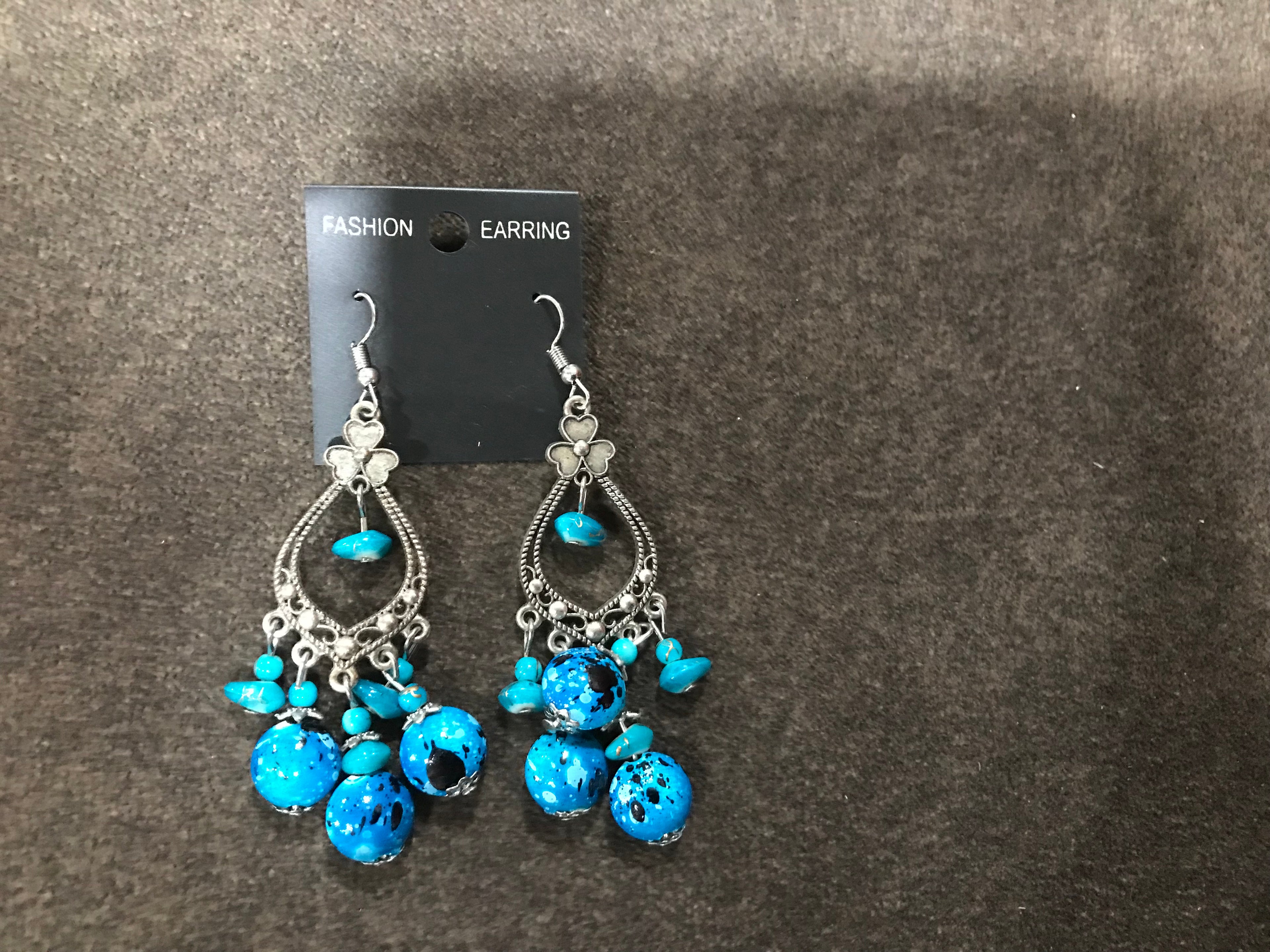 Bohemian Aqua and Black Marbles Loop Bead Earrings