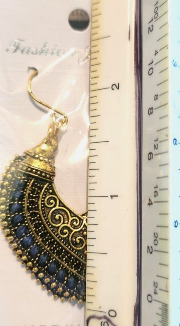 Navy Blue Bohemian Ornate Loop Earrings