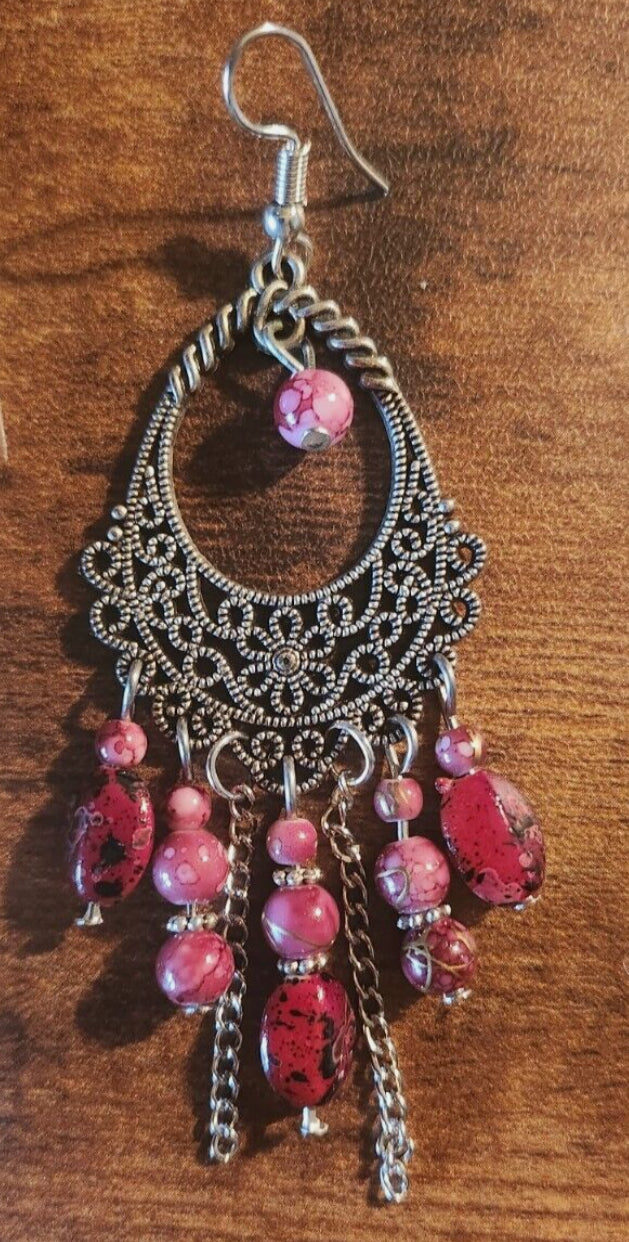 Cranberry & Marbled Black Bohemina Dangle Earrings