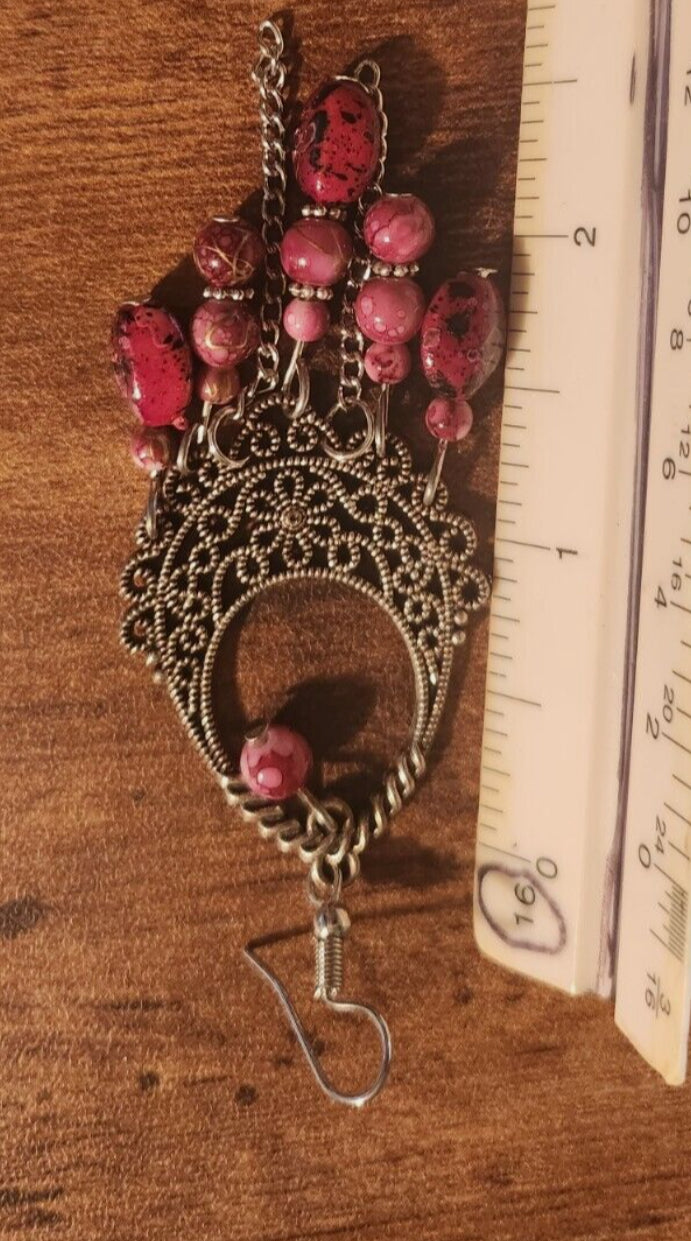 Cranberry & Marbled Black Bohemina Dangle Earrings