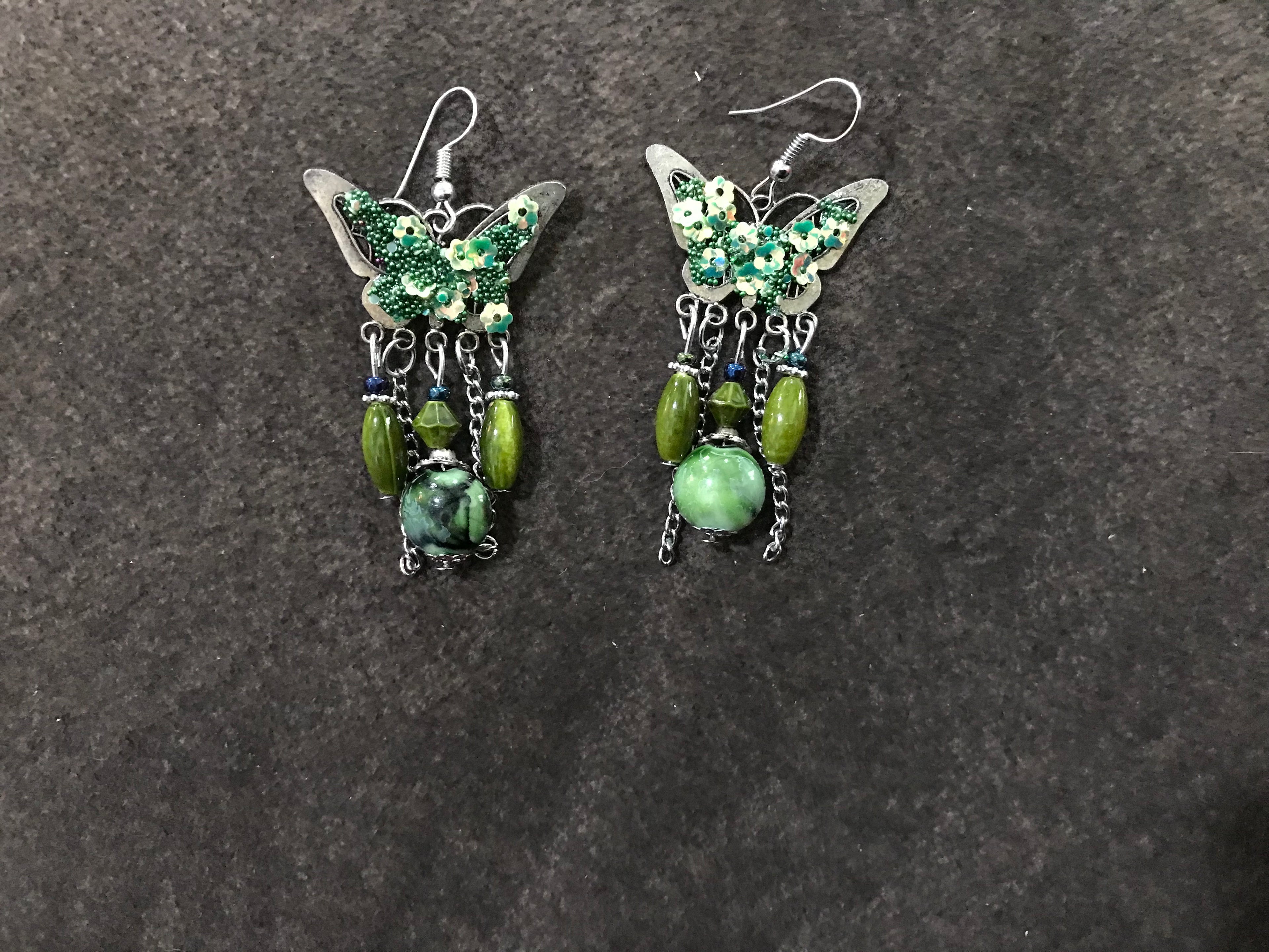 Jade Green and Black Marbled Bohemian Loop Earrings with Butterfly Charm