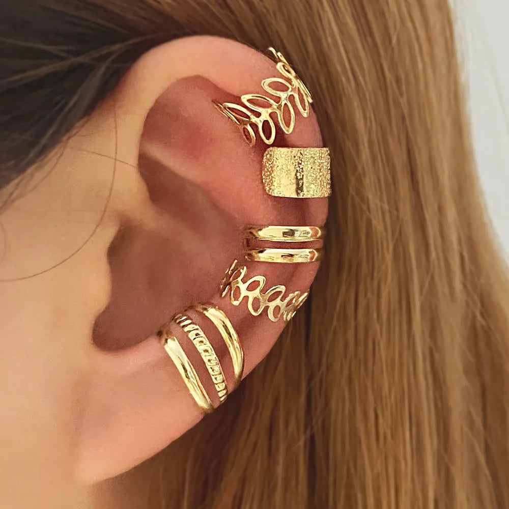 5pcs/set Retro Multi-element Leaf Geometric Ear Cuff Non-Piercing Ear